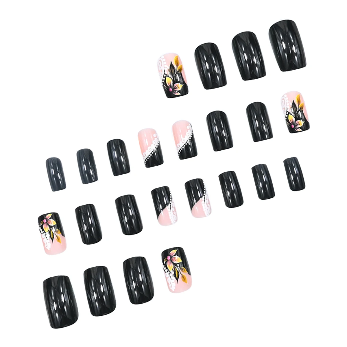 24 قطعة من الأظافر المزيفة المربعة المتوسطة | اضغط على شكل زهور كلاسيكية على الوجهين باللون الأسود - قاعدة سوداء بسيطة تلبي مطبوعات الأزهار الرجعية (عين #2