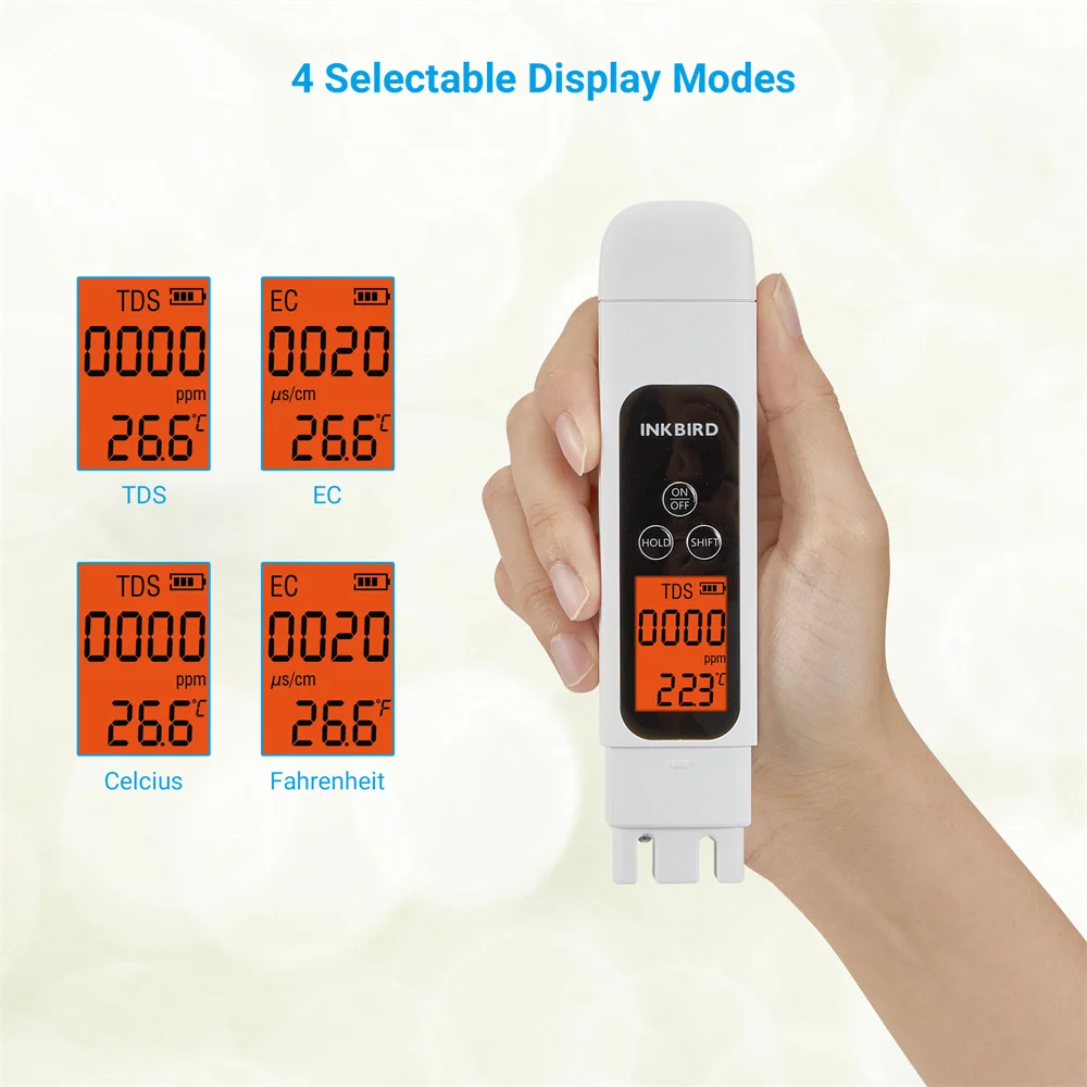 INKBIRD Water Quality Tester TDS EC & Temperature 3-in-1Instant Reading with High Accuracy Water Tester for Drinking Water