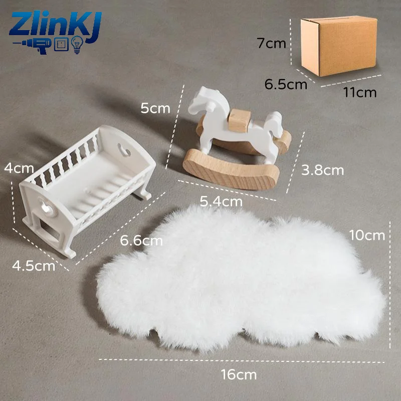 1Set 1:12 Dollhouse Mini Furniture Realistic Cloud Rocking Horse & Baby Crib Adorable Desktop Ornament for Kids Pretend Play