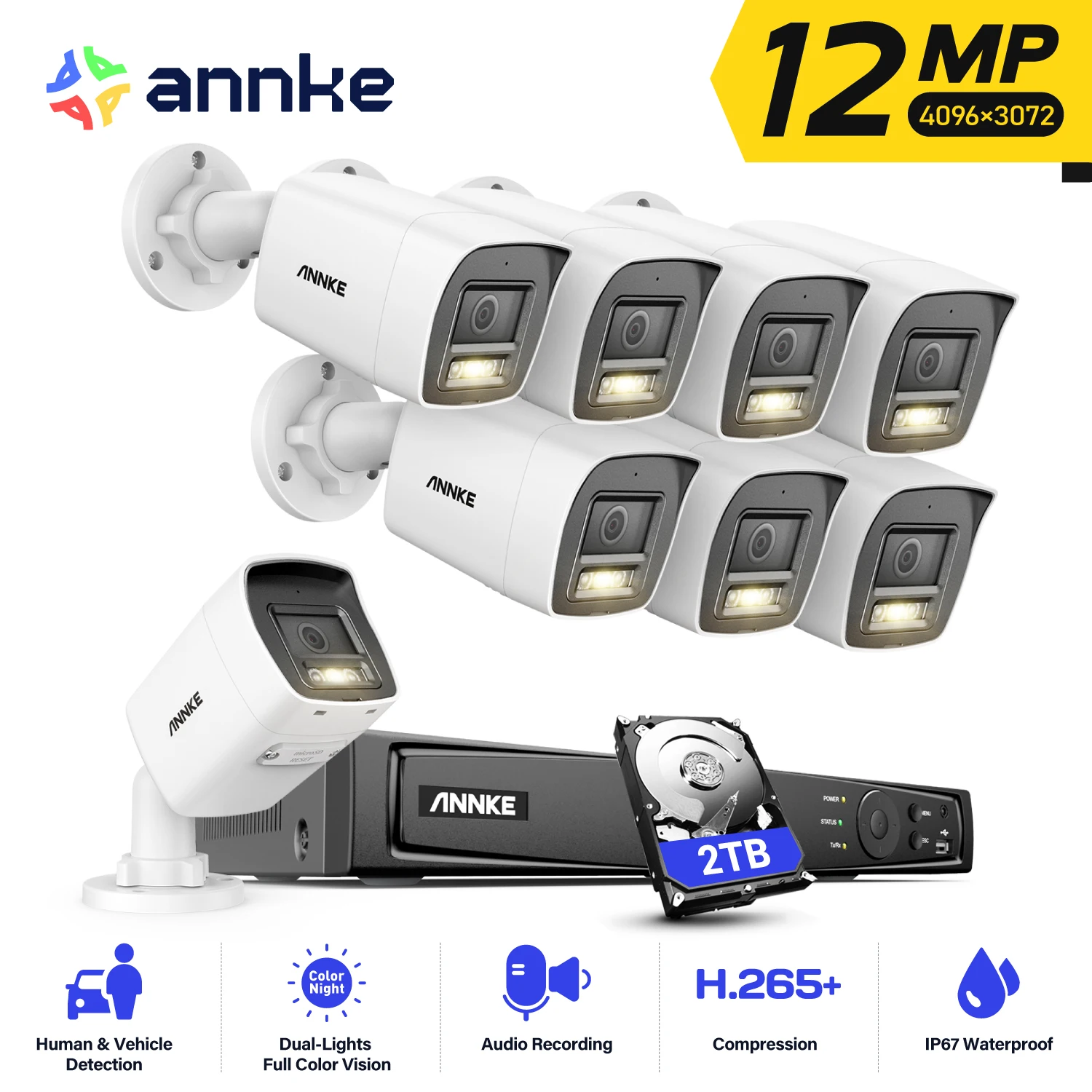 

ANNKE 12MP POE Система видеонаблюдения H.265+ 8-канальный сетевой видеорегистратор с 4/8 шт. 12-мегапиксельными камерами безопасности Комплект видеонаблюдения IP-камера для записи звука