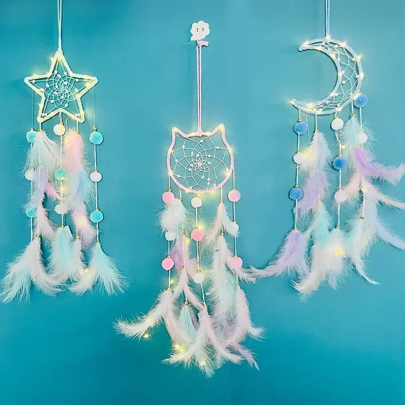 Nordic Dream Catcher With LED Light Wall Hanging Decor Macrame Moon Star Boho Style Dreamcatcher Room Home Decoration