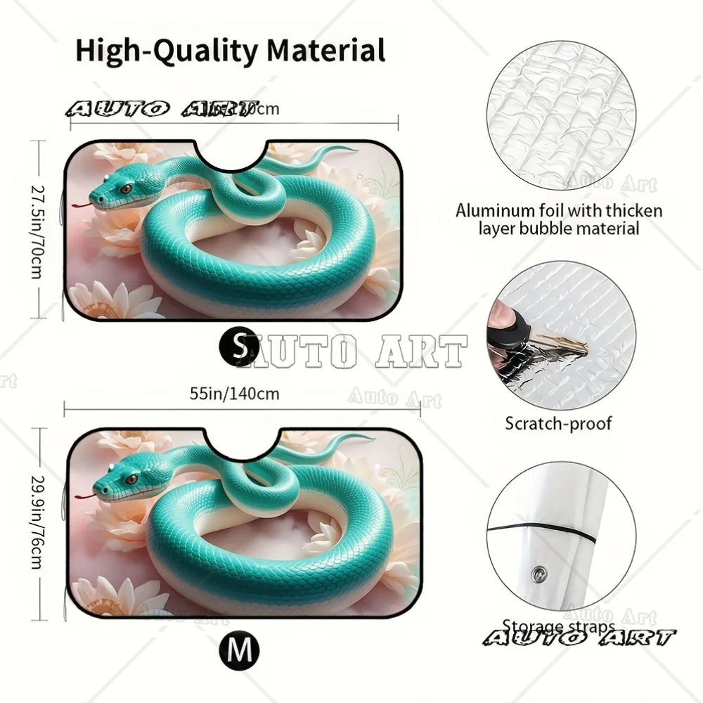 Floral Snake Teal Pattern Car Windshield Sun Shade Foldable UV Protection Heat Reduction Sun Shield Fit for All Vehicle