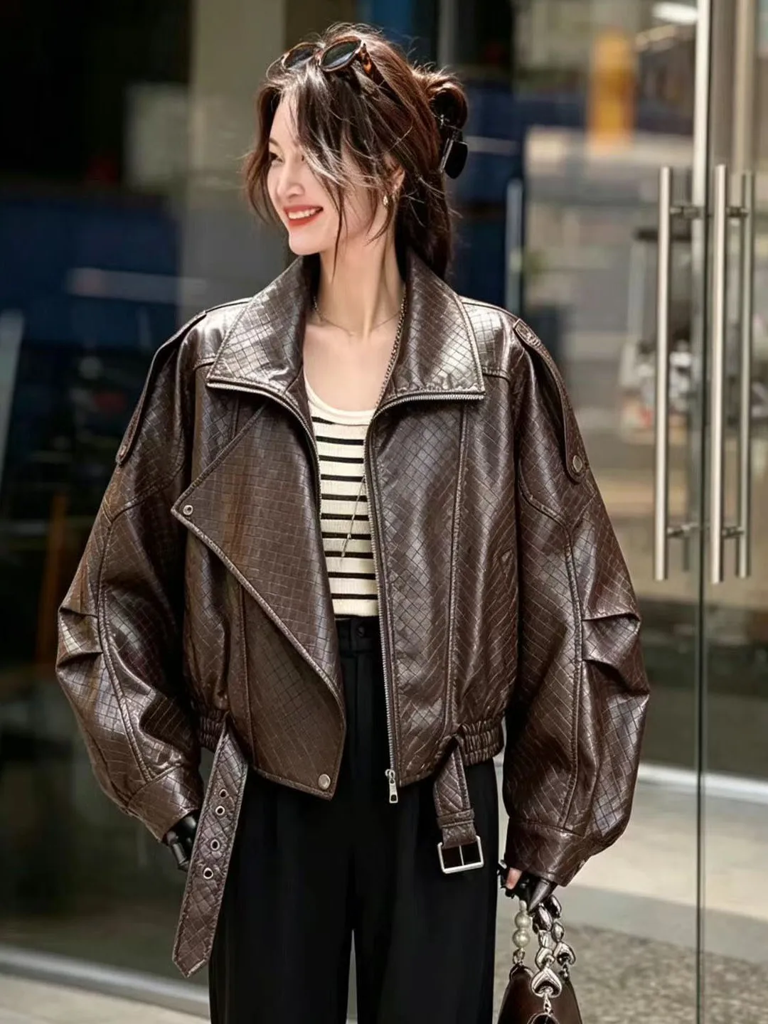 Retro American Biker Style Coffee Leather Jacket Women's Fashionable Streetwear Small Size Design Autumn New Arrival