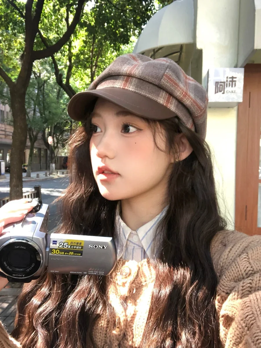 British Style Print Vintage Woolen Patchwork Octagon Hat Autumn-winter Ambience Everything Beret Fashion Painter Hats