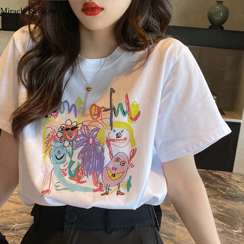 

Women's Printed White Short Summer New Loose Cotton Half Sleeved T-Shirt TopGraffiti T-shirtwomen's printed white short sleeved