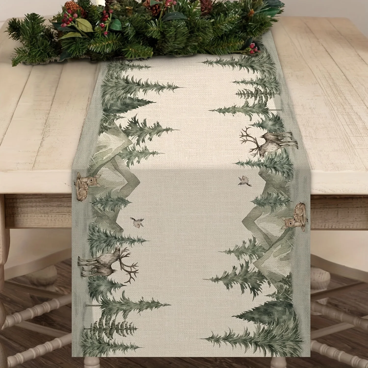 Winter Forest Reindeer Pine Tree Tablecloth Christmas Decor Watercolor Deer Design For Holiday Parties Farmhouse Restaurant Use