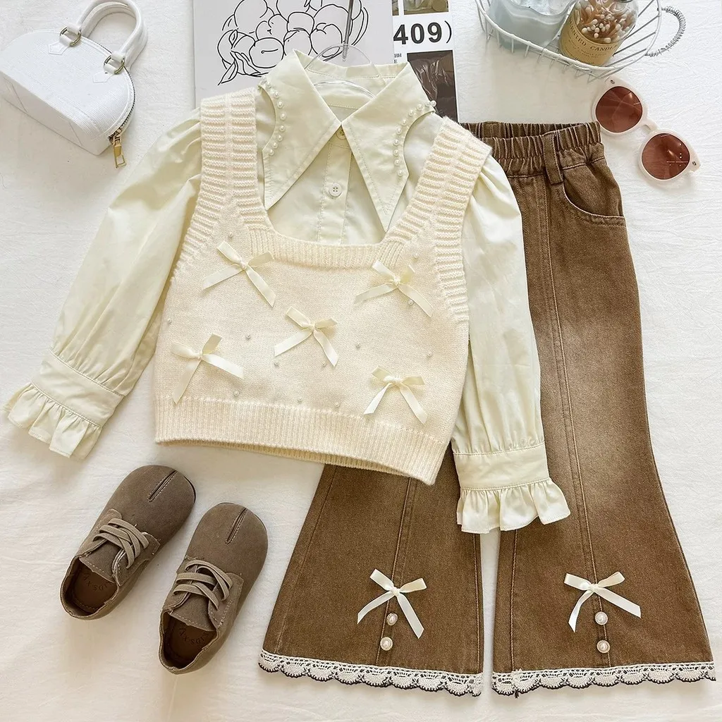 Girls' Autumn Fashion Pearl Bow Knitted Vest+ruffle Sleeve Shirt+lace Denim Bell Bottom Pants Three Piece Set Korean Version