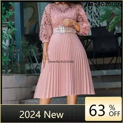 Customized Chic White Pleated Dress Hollow Out Lace Midi Dresses Puff Sleeve Spring Summer Big Size Elegant Fashion Party Birthd