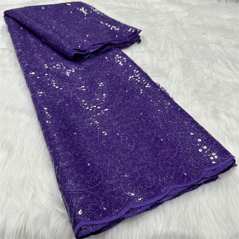 Purple Fabric High Quality African Stones Lace Fabric French Net Sequin Fabric Sewing Embroider Lace Tulle Nigeria Dress 5Yard