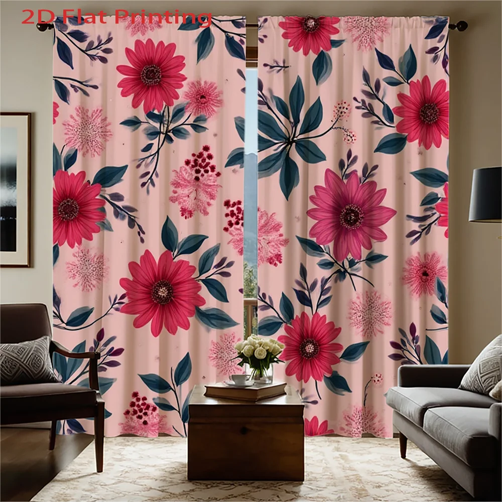 2pcs Pink Floral Print Curtains with Red Flowers & Green Leaves - Semi-Transparent Flannel Fabric, Rod Pocket Design for Living