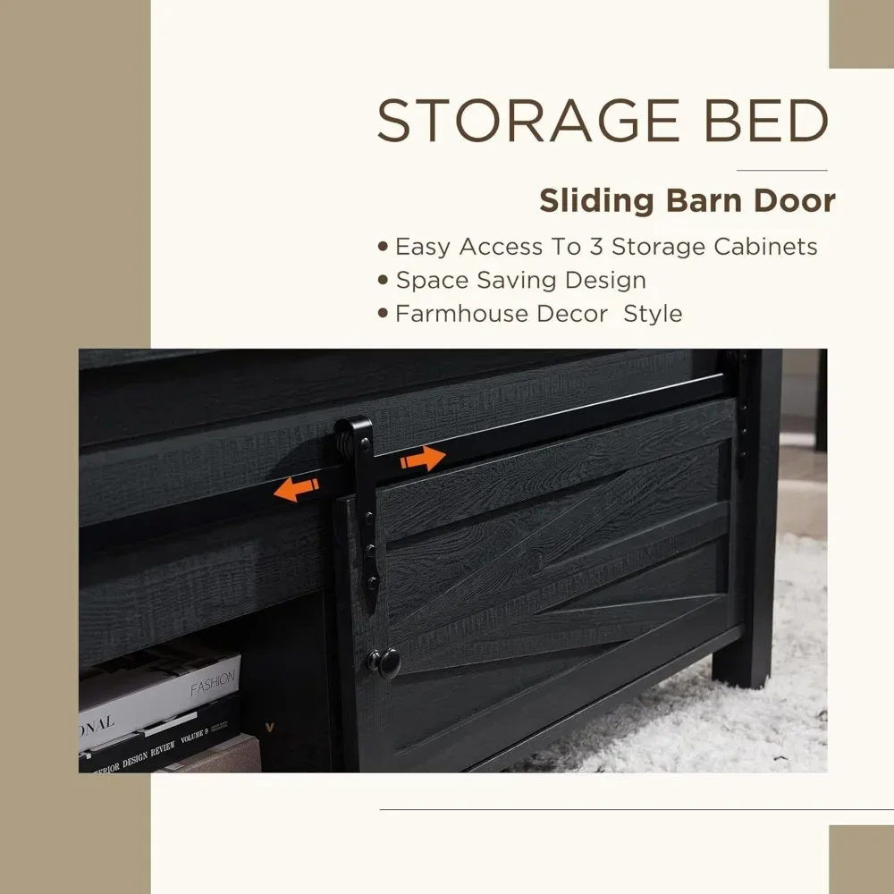 Farmhouse Wood Bed Frame King Size with Sliding Barn Door Storage Cabinets and Headboard, Solid Wood Slats Support