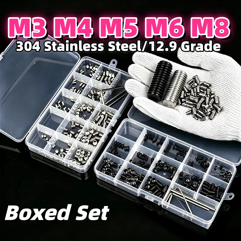 M3 M4 M5 M6 M8 304 Stainless Steel/12.9 Grade Black Hex Hexagon Socket Allen Flat Point Grub Bolt Set Screw Kit Box