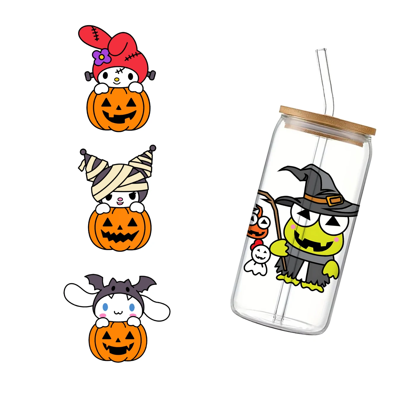 Sanrio Cinnamoroll KEROKEROKEROPPI Halloween Cup Wrap Sticker 16oz UV DTF Waterproof Sticker for Party Gift 11x11cm