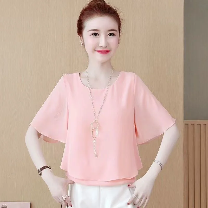 Slimming Base Layer Shirt Loose Chiffon Top Short Sleeve Cover Belly Korean Style Summer New Women's Fashion T-Shirt