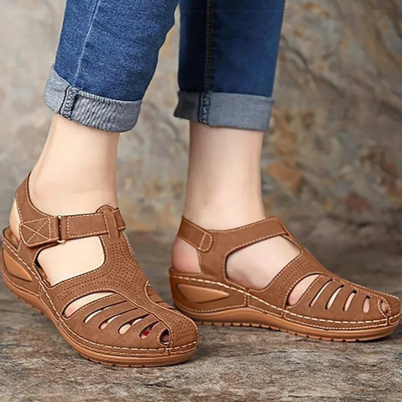 Sandálias femininas de verão estilo romano, sapatos de plataforma baixa, salto de cunha, calçado de verão