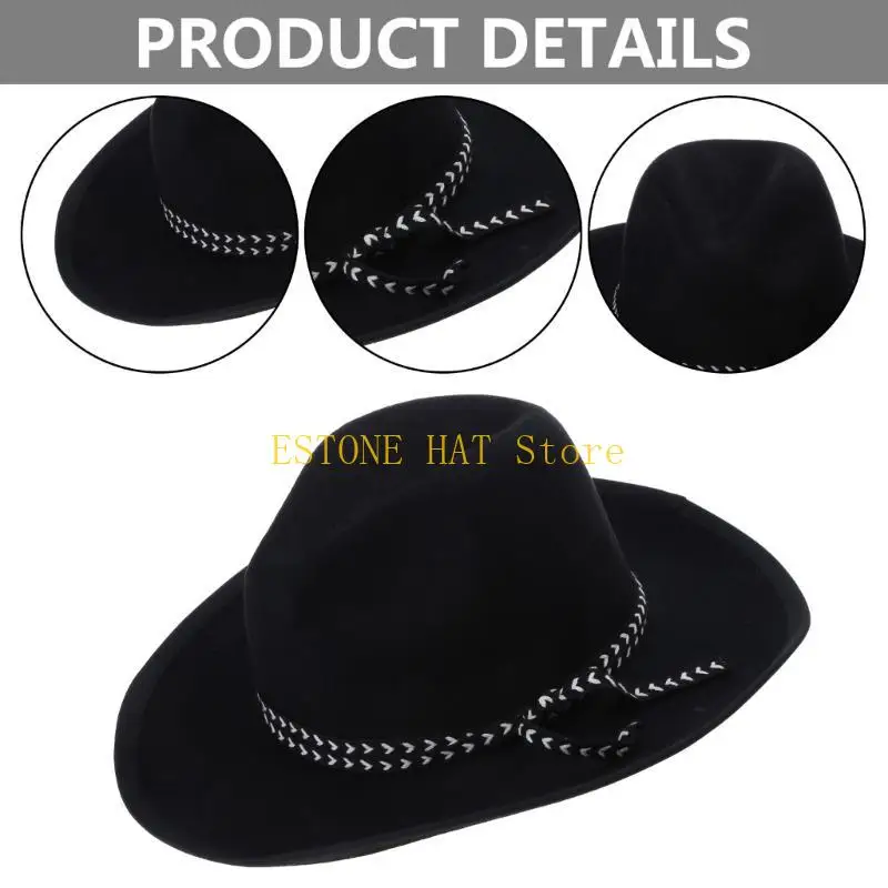 49MF Cowboyhoed Zwarte Fedora Hoed Cowboyhoed voor Feestfeest Cowboyhoed