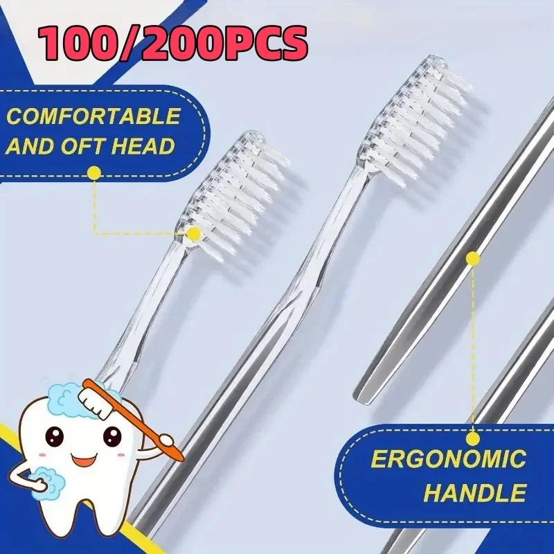 

100/200 шт. одноразовые дорожные зубные щетки в индивидуальной упаковке, мягкая щетина, подходящая для взрослых и кемпинга, туалетные принадлежности для гостей в отеле (серебро)