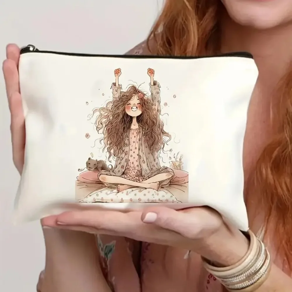 

Durable Vintage Style Makeup Bag Cute Girl Pattern Zipper Storage Bag Foldable Lightweight Cosmetic Pouch Travel