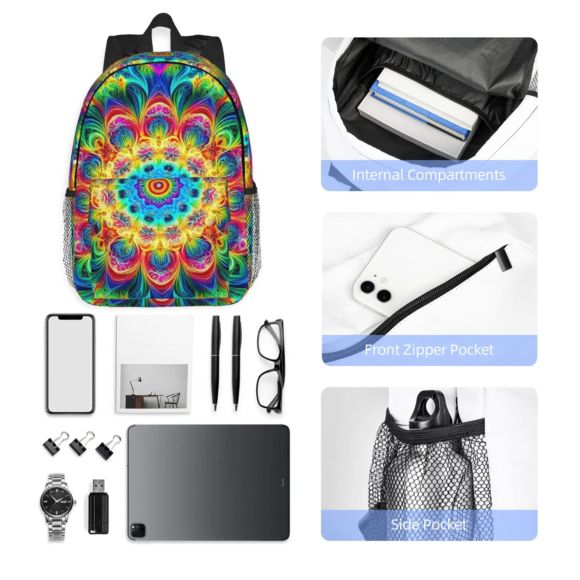 Retro Psychedelic Black with Vibrant Magic Pattern Backpack Hot Sale Daypack BookBag Shoulder Bags for Men Women School Bag