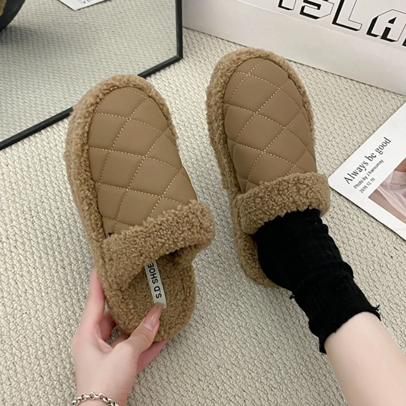 Women's Slippers Winter New Thick Sole Suede Wool Check Cotton Drag Comfortable Increase Non-slip Warm Slippers