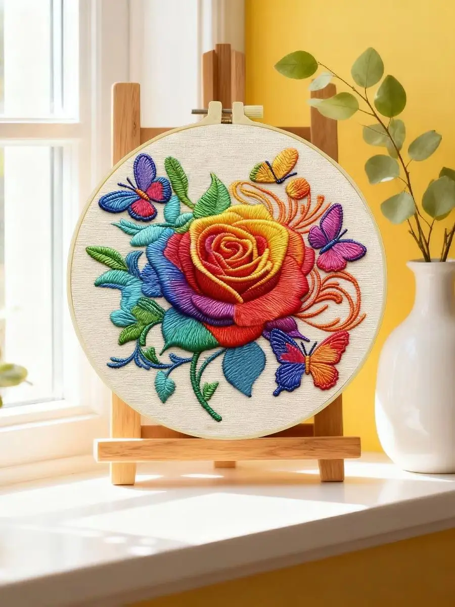 1 Stück 20X20CM/15X15CM 7,87/6,3 Zoll Rosenblumen-Stickerei-Starter-Kit DIY-Kit DIY-Stickerei-Set Handarbeiten Nadelkunst – Detail 6