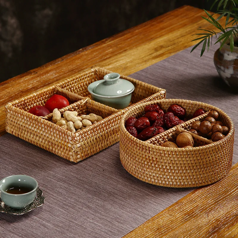 

Rattan basket,Vietnamese handmade,vintage,table storage,dried fruit snack plate,bread fruit basin,household tea set accessories