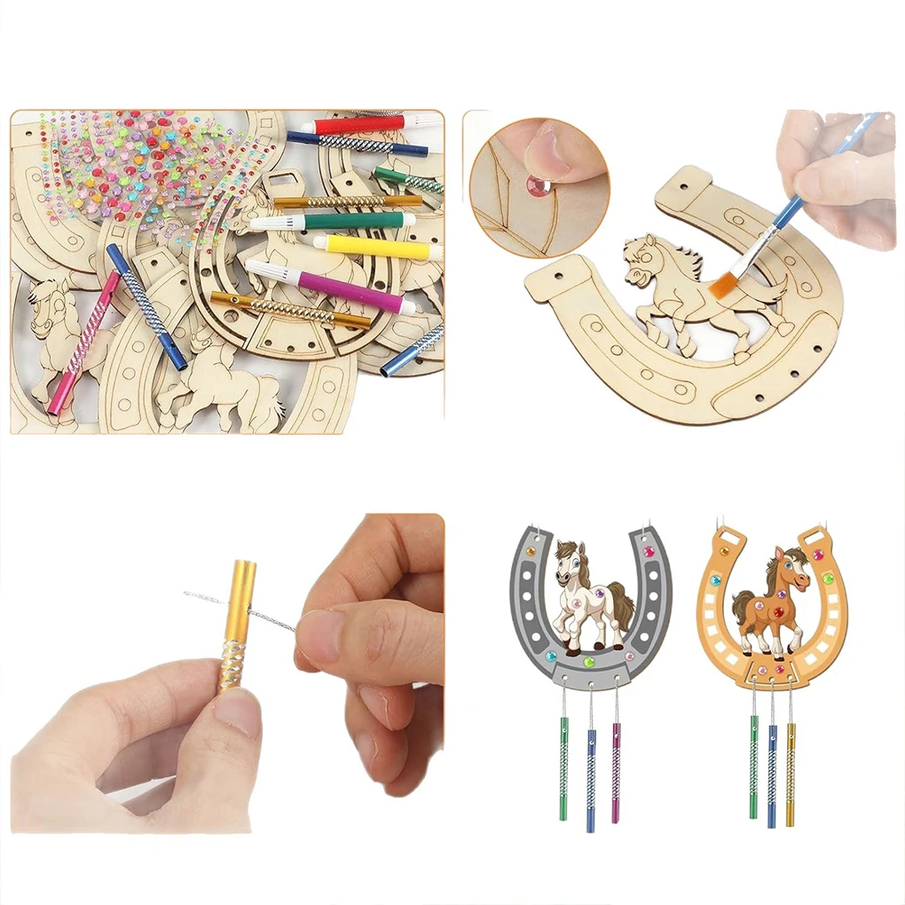 Kit de carrilhão de vento diy, carrilhão de vento de madeira, ferradura inacabado, conjunto de pingente para crianças, pintura