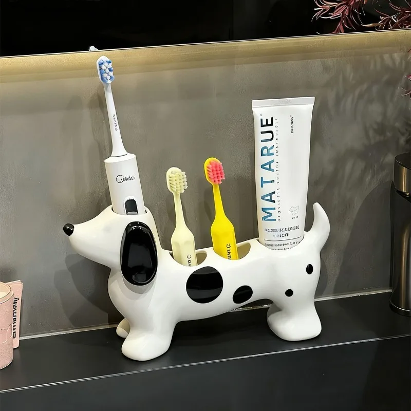 2PCS Cute Sausage Dog Ceramic Toothpaste Toothbrush Holder Decorative Bathroom Counter Storage Rack