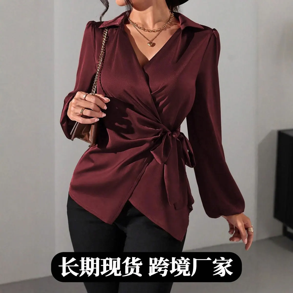 

2026 Spring New Women's Fashionable Design Long-sleeved Satin Shirt Lace-up Waist Shirt Tops for Women