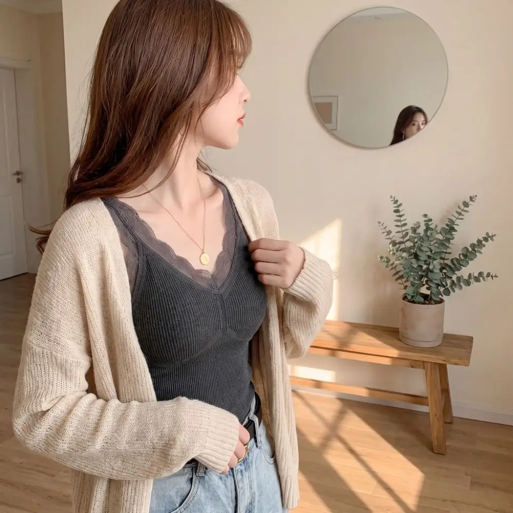 Sling Vest Top Lace Thermal Underwear Seamless Sleeveless Heating Cami Top Thicken Warm Plush Base Layer Vest Bottoming Clothing