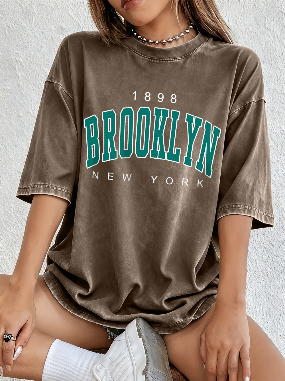 

New York Brooklyn 1898 Printing Washed T-Shirts Womens Cotton Short Sleeve Tops Hip Hop O-Neck Oversized T Shirt Summer Clothes