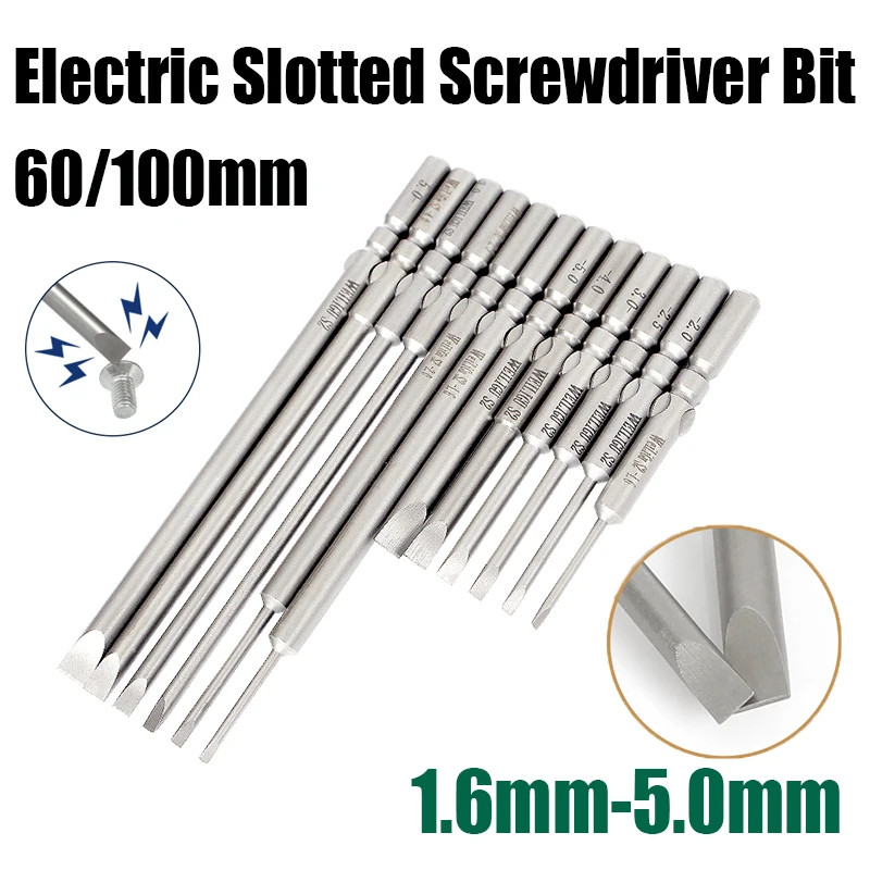 

60/100mm 1.6mm-5.0mm Electric Slotted Screwdriver Bit 5mm Round Shank Flat-blade Magnetic Impact Batch Head Screw Impact Driver