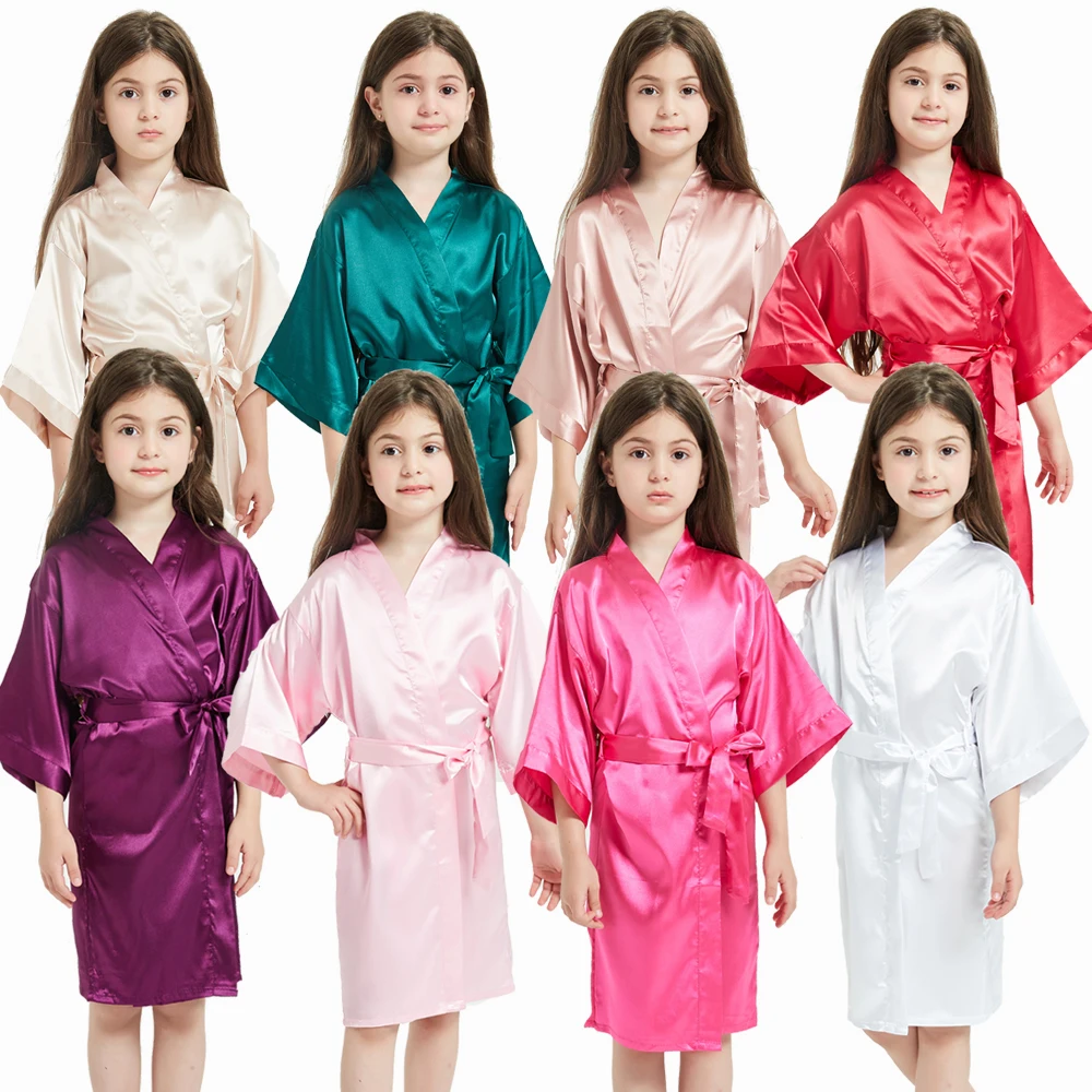 Summer Girls Silk Robe Solid Color Children's Pajamas Soft Kids Bathrobe Girls Satin Robe Sleepwear Dressing Gown for Children
