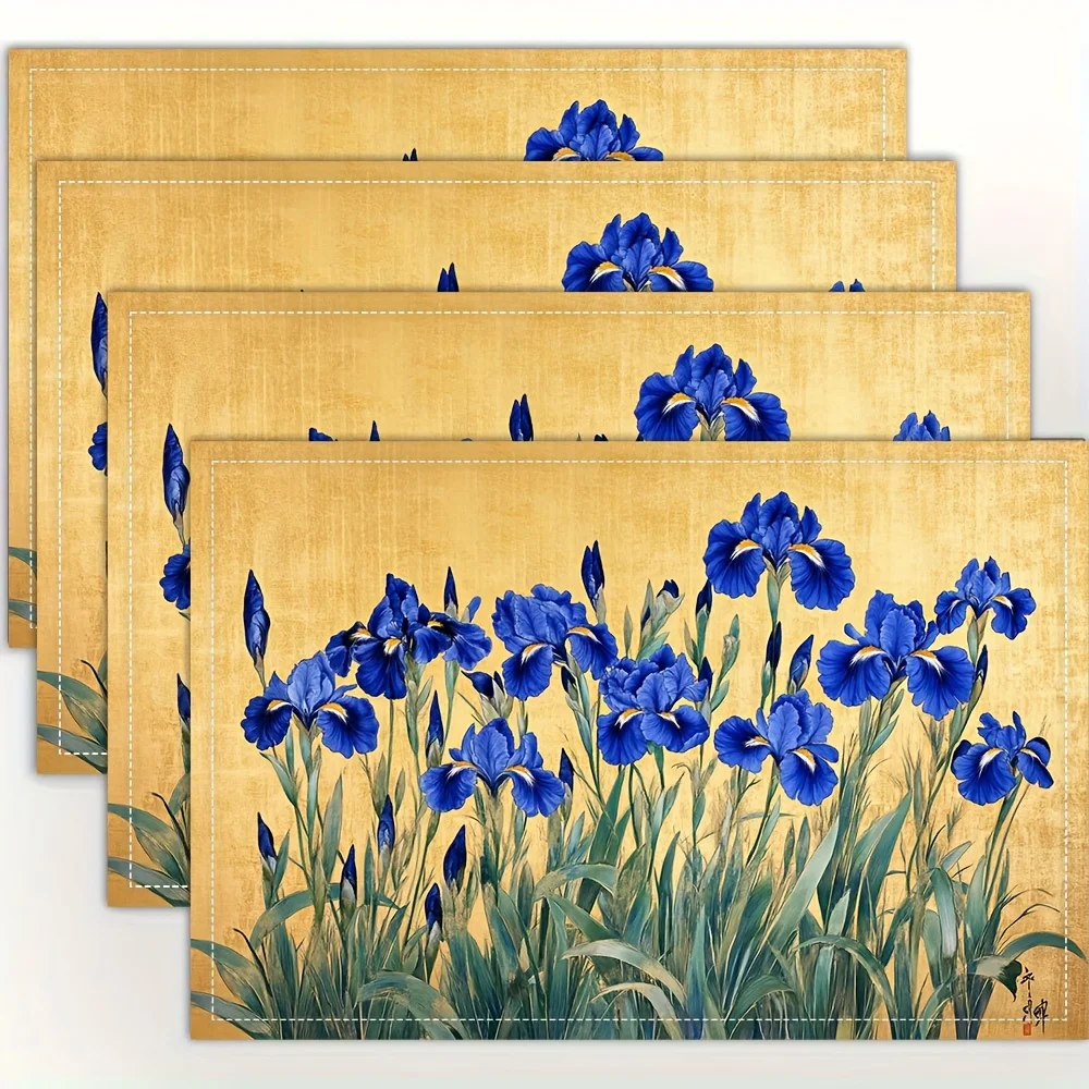 Blue Iris Flower Print Linen Placemat Set Elegant Table Mats For Dining Room Decor Washable Heat Resistant Kitchen Accessories