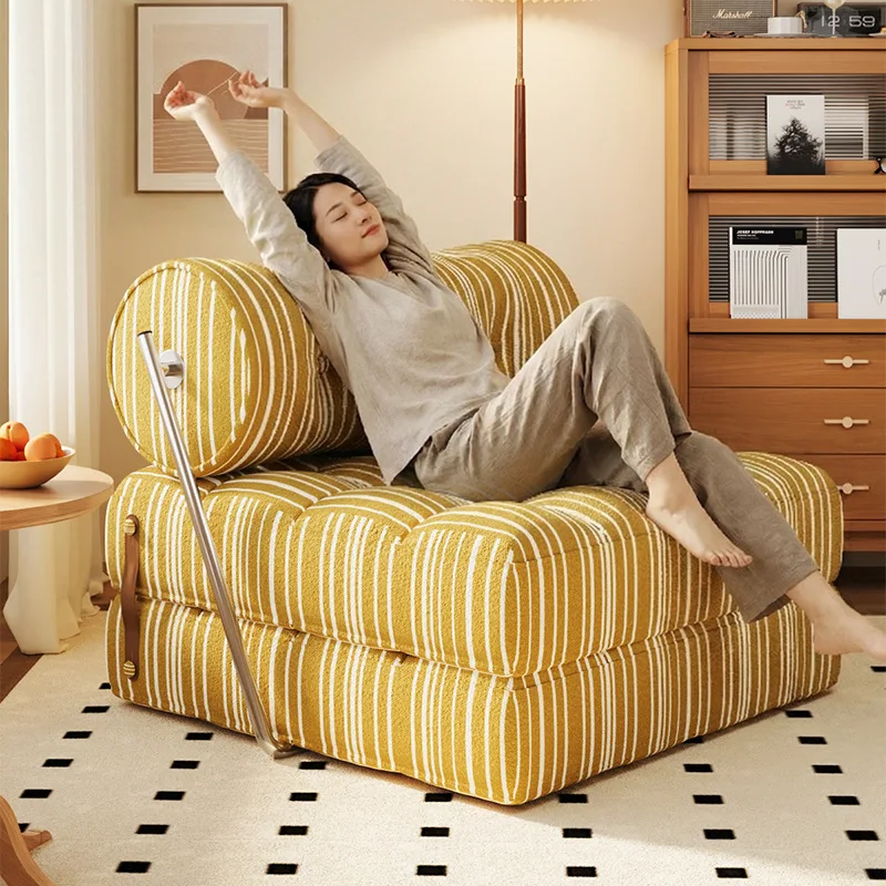 American retro circle yarn folding sofa, simple striped high backrest cotton linen fabric sofa bed, living room lounge chair