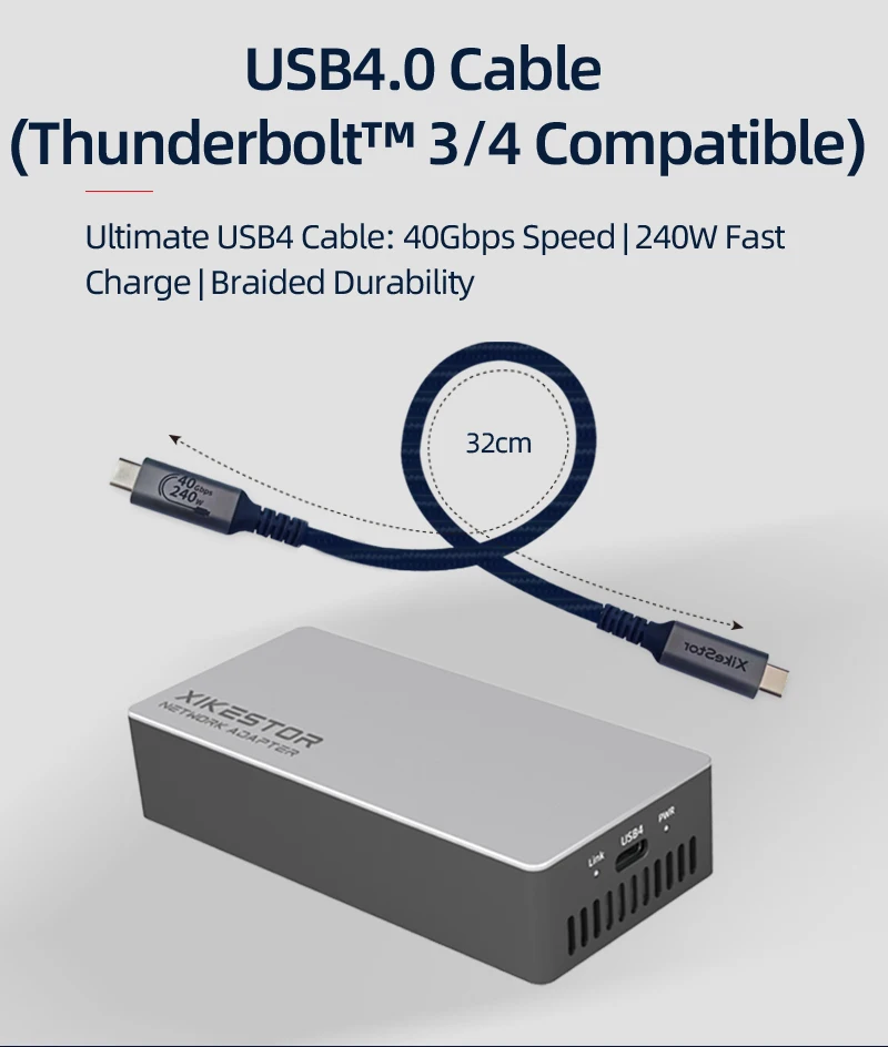 XikeStor RJ45 & USB4.0 Port 10gb Network Card with Main Control JHL634 USB4 to 10G BASE-T Converter 10M/100M/1000M/2.5G/5G/10G