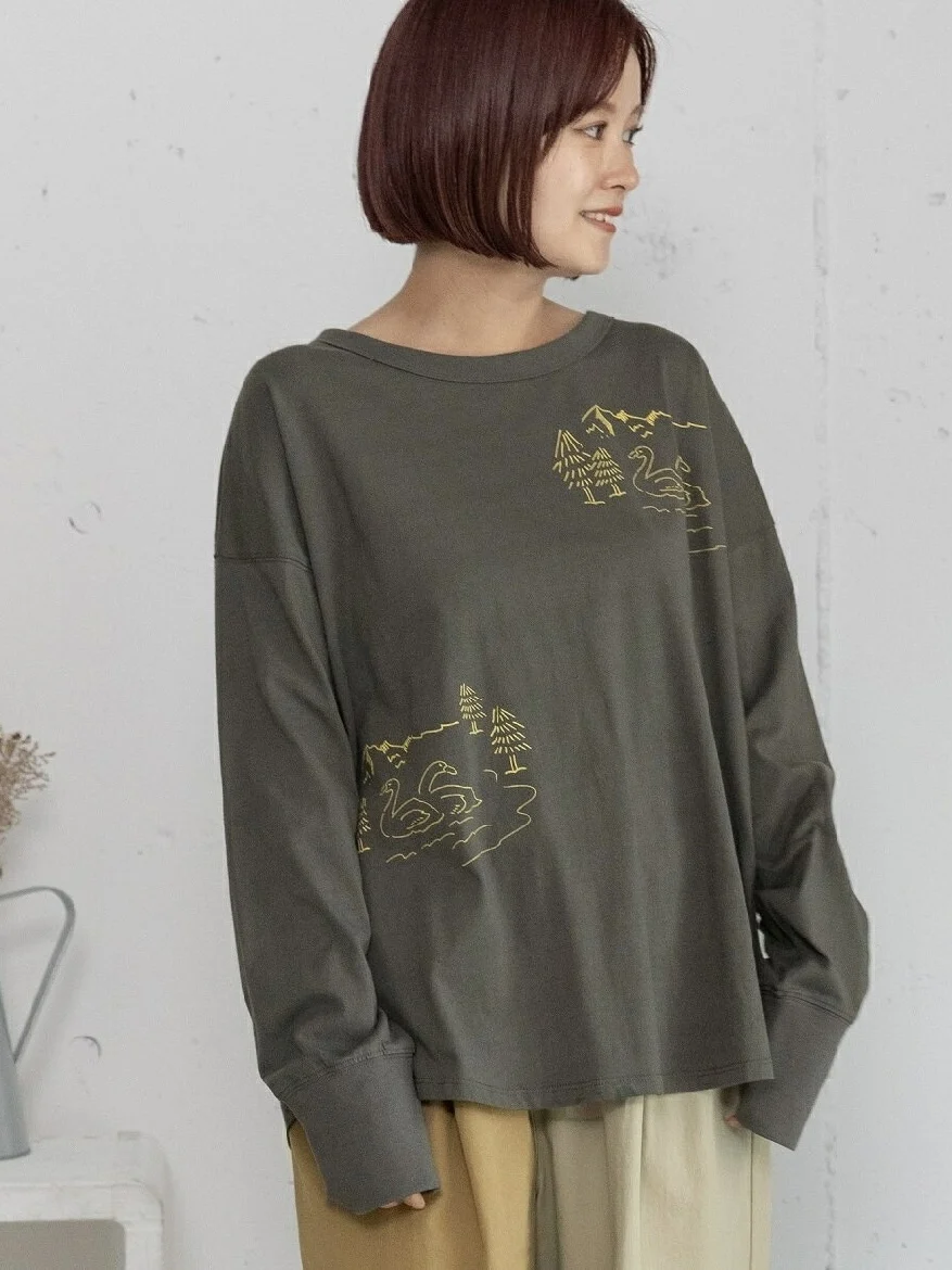Autumn 2026 Loose Fit Pure Cotton Long Sleeve T-Shirt Women's Base Shirt Top Swan Forest Lake Print Casual Style round Neck