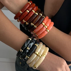 PuRui 3Pcs/Set Bohomia Colorful Bamboo Tube Stackable Plastic Beads Bracelet for Women Vintage Elastic Bangle Couple Jewelry