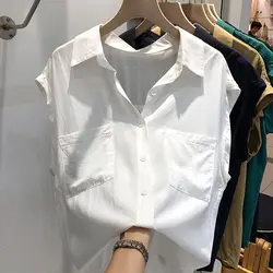 Blusa holgada de manga corta con cuello de Polo para mujer, camisa blanca con botones, Color sólido, Estilo Vintage, moda de oficina, novedad de verano