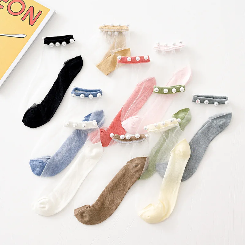 

Women Socks New Fashion Ankle Female Breathable Mesh Thin Pearl Summer Socks Korean Style Invisible Transparent Socks