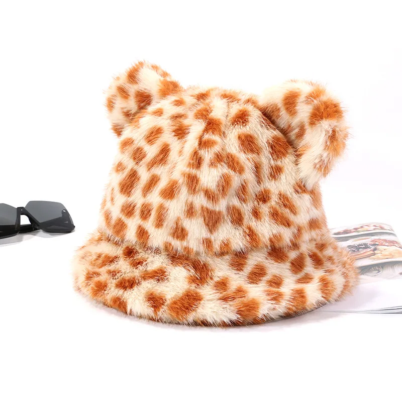 Cute Animal Hat Scarf Two Piece Set Women Tiger Patterned Teddy Bear Ears Plush Fisherman Hat Cold Resistant Warm Cartoon Scarf