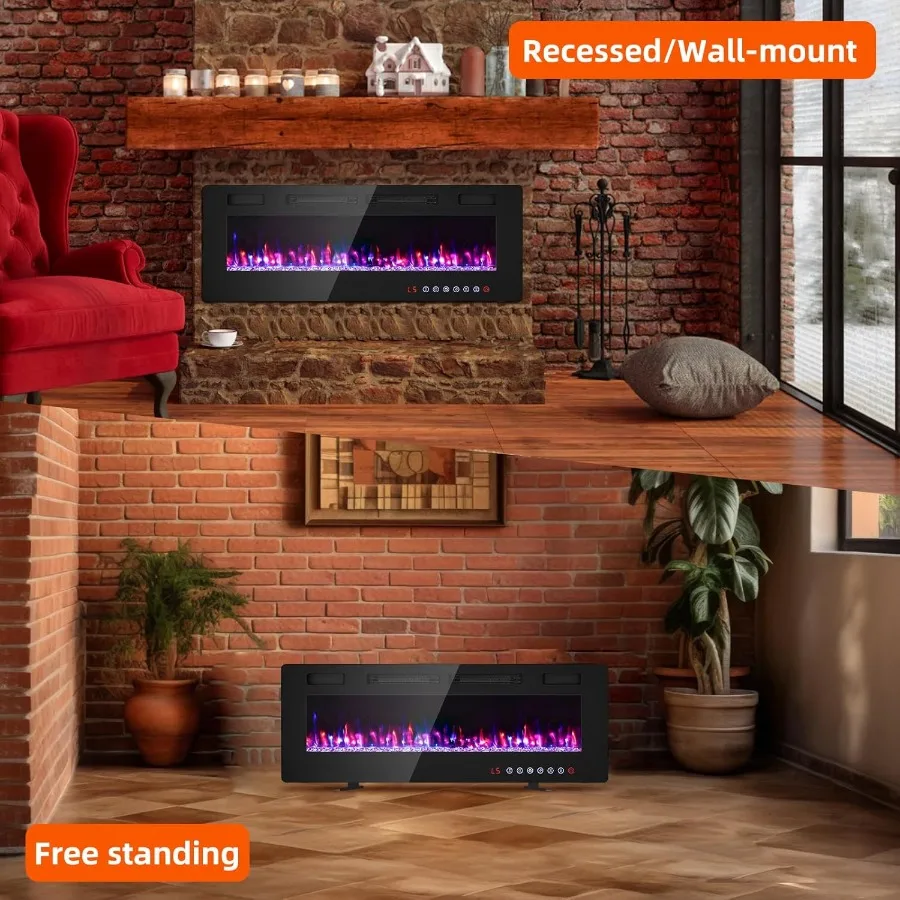 50 inches Electric Fireplace for Living Room Wall Mounted with Remote Control Timer Dimmer 12 Flame Colors 750 1500W Ultra Thin