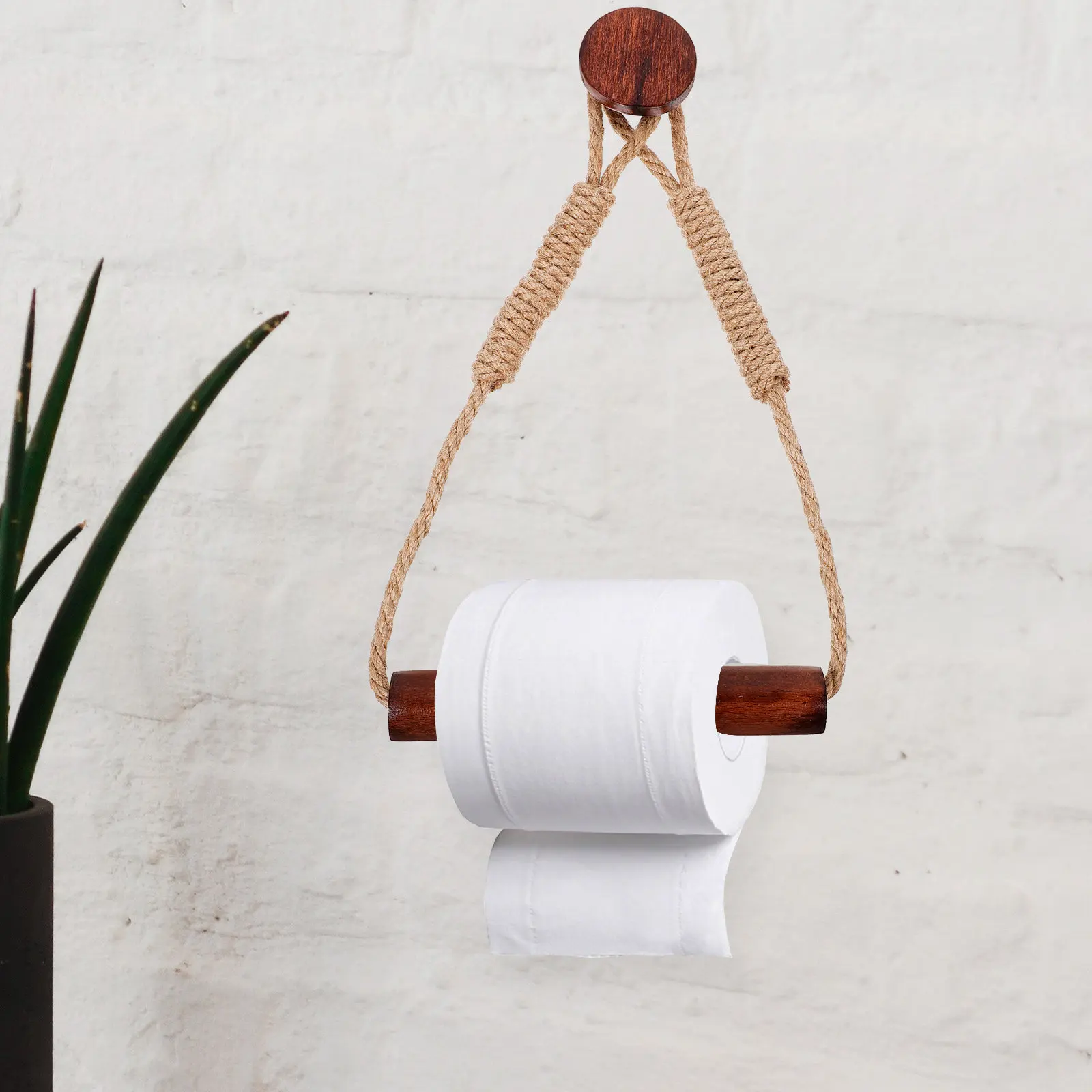 

Wood Rope Toilet Paper Holder Wall Mount Vintage Style Roll Paper Rack for Bathroom Home Decorative Tissue Storage Holder