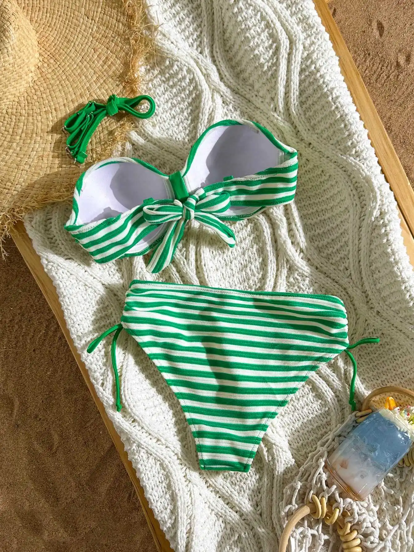 sexy green white striped back tie bikinis sets two pieces drawstring tie swimsuits bathing suit swimwear biquini tankini trikini