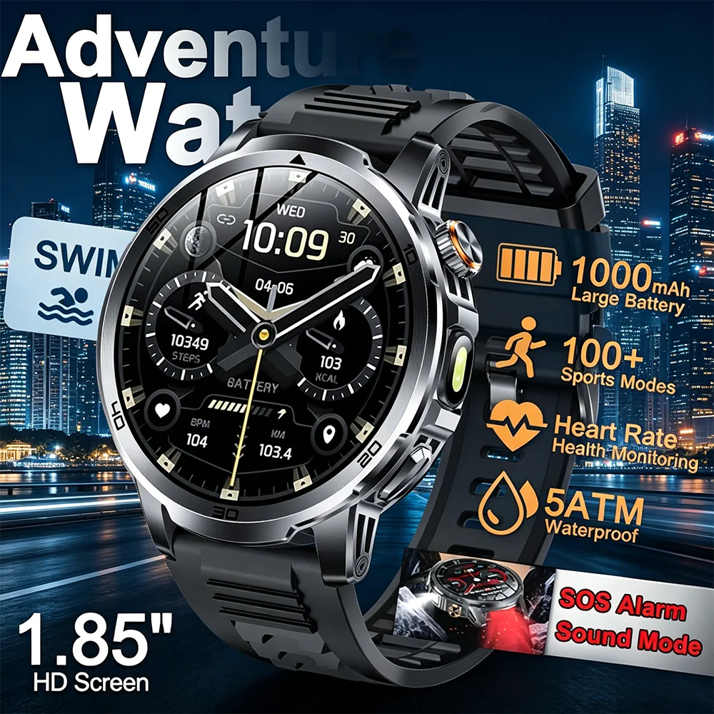 

Новые военные умные часы 2026 года для активного отдыха, AMOLED 1.85'', аккумулятор 1000 мАч, водонепроницаемость 5ATM, голосовые вызовы, спортивные функции, фитнес-браслет для мужчин