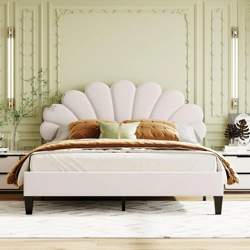 Bed Bases Upholstered Platform Bed, Platform Bed with Flower Pattern Velvet Headboard, No Box Spring Required, Bed Bases