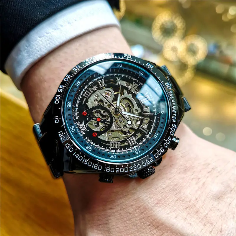 

Light Luxury Retro Business Men's Mechanical Watch, Hollow Design, Stainless Steel Strap, Fashionable Casual Simple and Handsome Black Warrior Watch, Men's Automatic Mechanical Watch, the First Choice for Gift-Giving, Famous Brand Watch