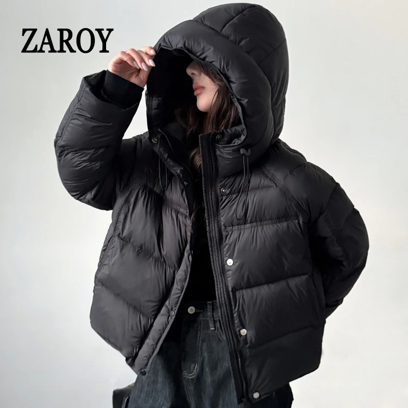 

ZAROY Women Solid Hooded Padded Jacket Spring Stand Collar Fluffy Warm Coat Versatile Casual Streetwear куртка женск