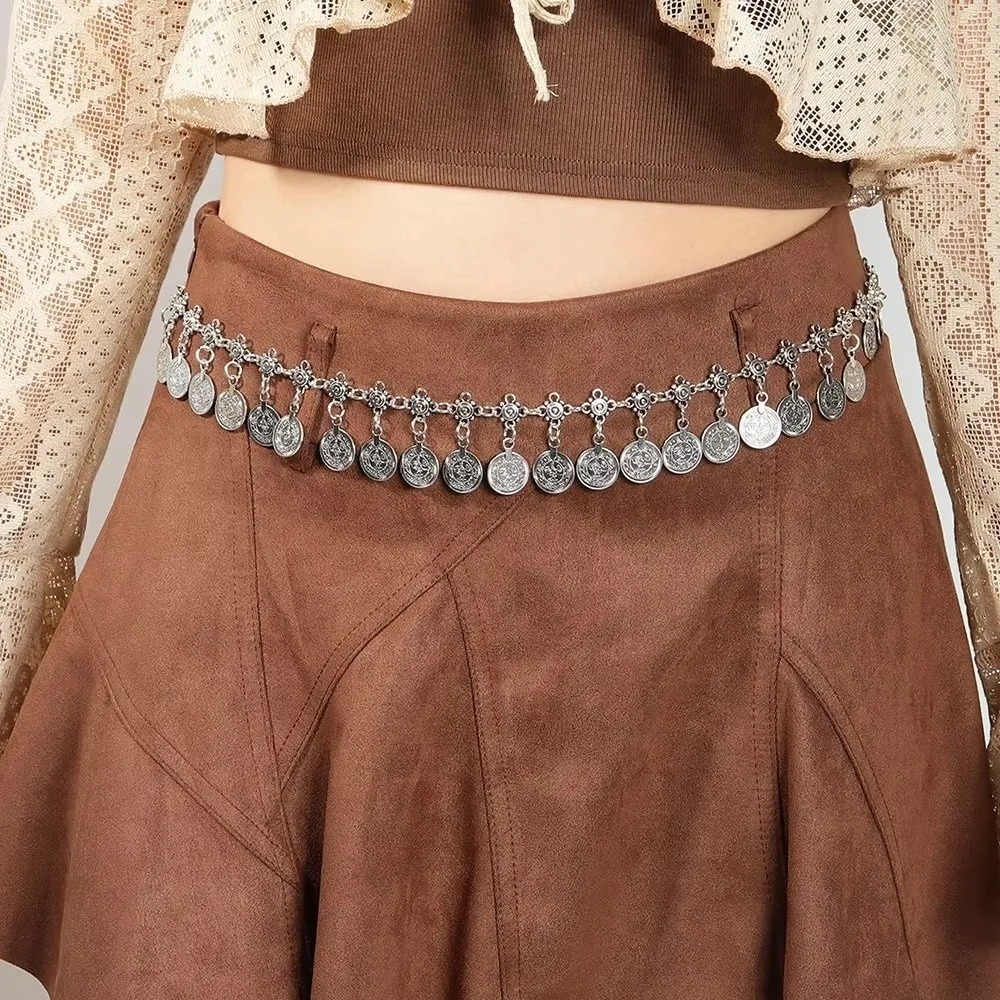 سلسلة بطن معدنية كلاسيكية فاخرة يهز العملات المعدنية الذهبية/الفضية حزام الخصر شرابات تصميم سلسلة الجسم للنساء