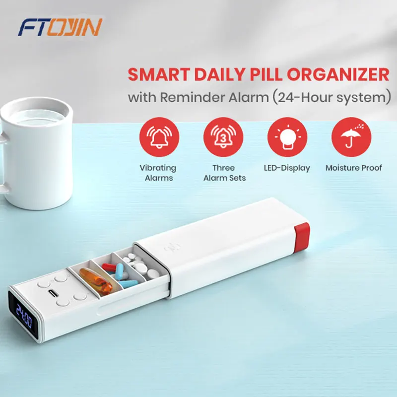 FTOYIN Smart Pill Organizer with 3 Alarms LED-Display Daily Pills Box Weekly Travel Pill Case Pill Holder forVitamins Fish Oil